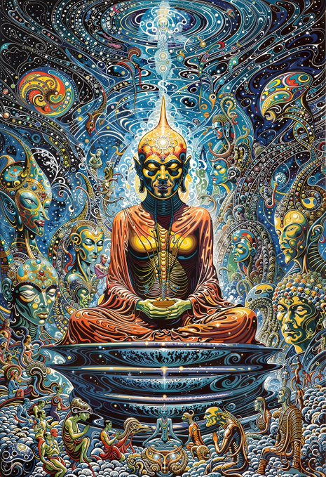 A vibrant, psychedelic digital artwork depicting a meditating Buddha-like figure in orange robes seated on a pedestal, surrounded by swirling cosmic patterns, multiple faces, and intricate colorful details in a visionary art style.