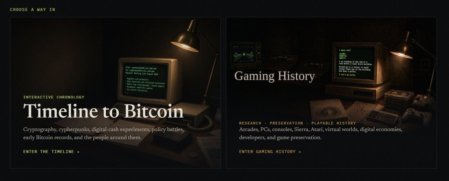 A website interface offering two entry points: 'Interactive Chronology - Timeline to Bitcoin' covering cryptocurrency, cypherpunks, and early Bitcoin records, and 'Gaming History' covering arcades, PCs, consoles, and digital preservation.