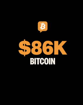 Bold graphic on a black background displays "$86K" in large orange text with "BITCOIN" below it, accompanied by the Bitcoin logo. The image visually reinforces the post's headline announcing Bitcoin's return to the $86,000 price level.
