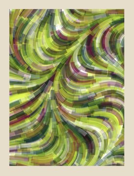 An abstract painting featuring sweeping curved brushstrokes in shades of green, yellow, purple, and black, creating a dynamic wave-like pattern.