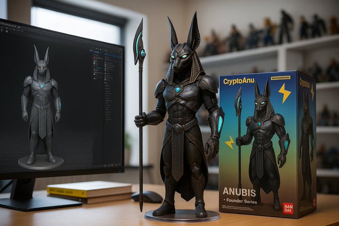 An Anubis-themed action figure or collectible displayed next to its packaging, which is labeled "CryptoAnu" and "ANUBIS Founder Series," with a 3D model of the figure visible on a computer monitor in the background.