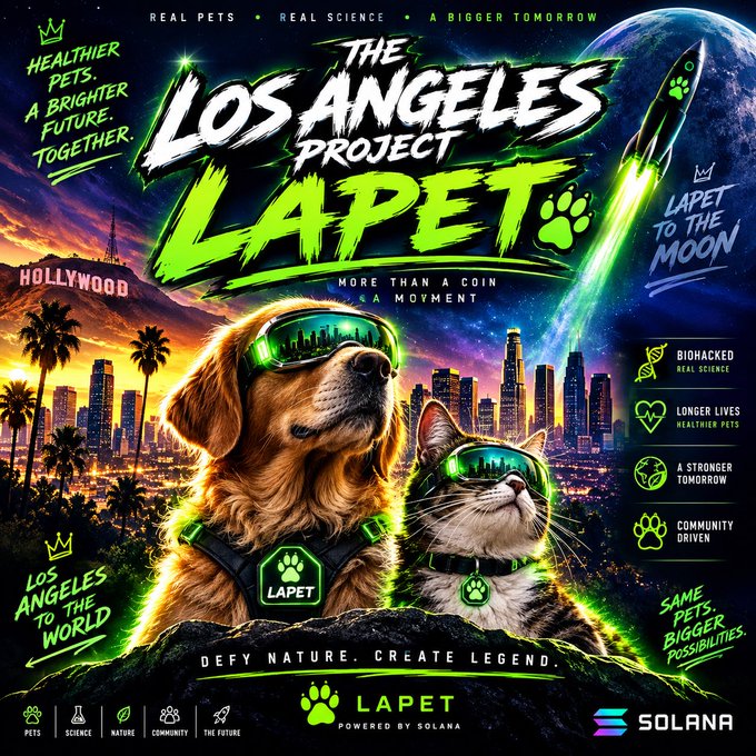 A promotional poster for 'THE LOS ANGELES PROJECT LAPET' featuring a dog and cat wearing futuristic green goggles against a sci-fi Los Angeles skyline, with text including 'DEFY NATURE. CREATE LEGEND.', 'POWERED BY SOLANA', and tags like 'BIOHACKED REAL SCIENCE' and 'LONGER LIVES. HEALTHIER PETS.'