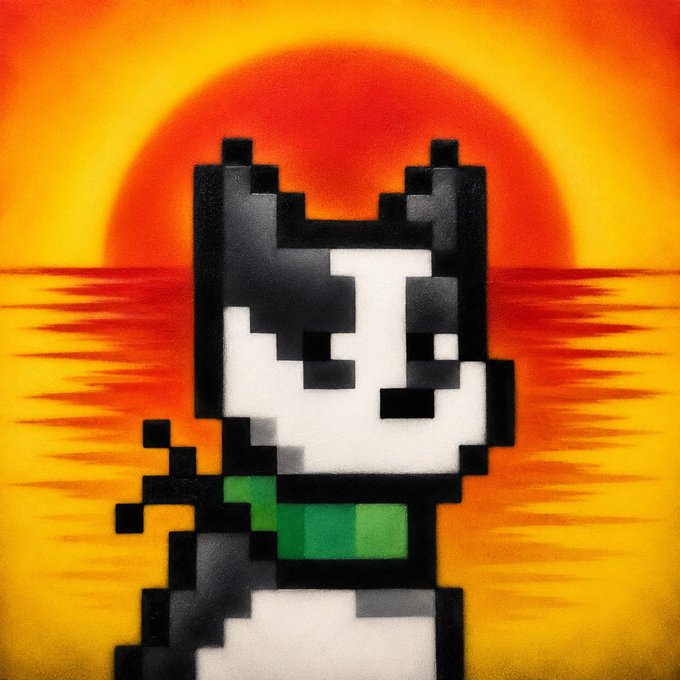 A pixel art painting of a black and white cat character with a green scarf against a dramatic orange sunset background.