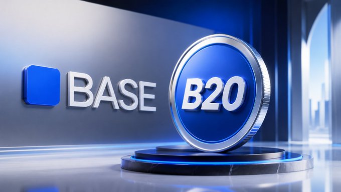 The image features a sleek, futuristic 3D rendering of the Base logo alongside a circular token labeled "B20" displayed on a glowing platform, directly visualizing Base's new B20 native token standard designed to be integrated directly into the Base chain rather than requiring separate ERC-20 smart contracts.