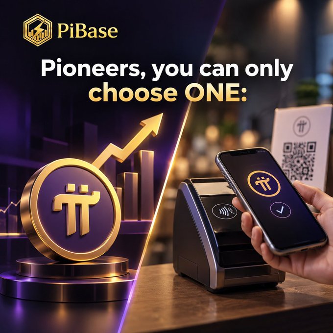 Advertisement for PiBase titled 'Pioneers, you can only choose ONE:' showing a split image of a Pi cryptocurrency coin with growth arrows on one side and a contactless payment terminal with a QR code on the other.