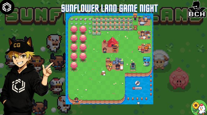 A promotional graphic for 'SUNFLOWER LAND GAME NIGHT' featuring a pixel-art game scene with a red barn, trees, and characters, alongside an anime-style avatar wearing a 'CG' cat-ear cap.