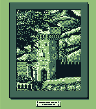 A pixel art depiction of a medieval castle tower and fortress, likely from the classic Game Boy game "Castlevania," is displayed in a frame with a "1 of 1" label at the bottom, reflecting the post's excitement about minting on-chain art inspired by historical locations.