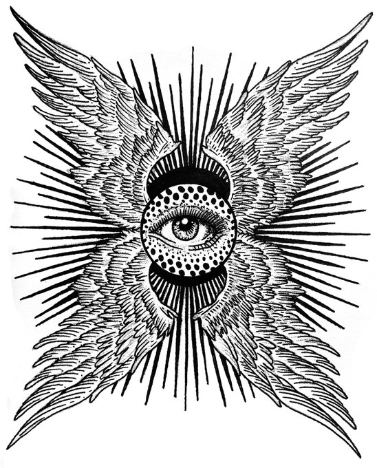 A black and white tattoo-style illustration featuring a detailed eye inside a circle, flanked by large angel wings and surrounded by radiating sunburst lines.