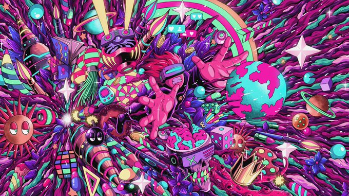 A vibrant, psychedelic digital illustration bursts with colorful surreal elements including a pink hand, a turquoise and pink planet, dice, mushrooms, flowers, and various whimsical creatures against a textured purple background.