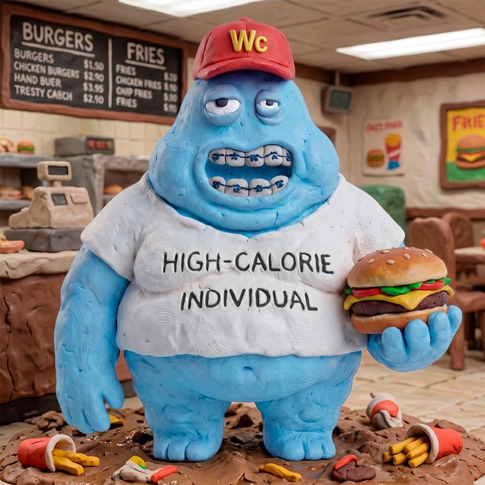 A claymation-style image features a blue, overweight character wearing a red 'WC' cap and a white shirt reading 'HIGH-CALORIE INDIVIDUAL,' holding a burger in a fast-food restaurant setting.