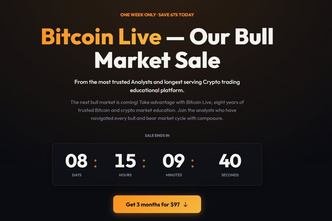 A promotional banner for "Bitcoin Live" advertising a bull market sale with 67% off for one week only, featuring a countdown timer showing 08 days, 15 hours, 09 minutes, and 40 seconds remaining, and a "Get 3 months for $97" call-to-action button, which aligns with the post's urgency about only 4 days left in the Bitcoin Live sale.