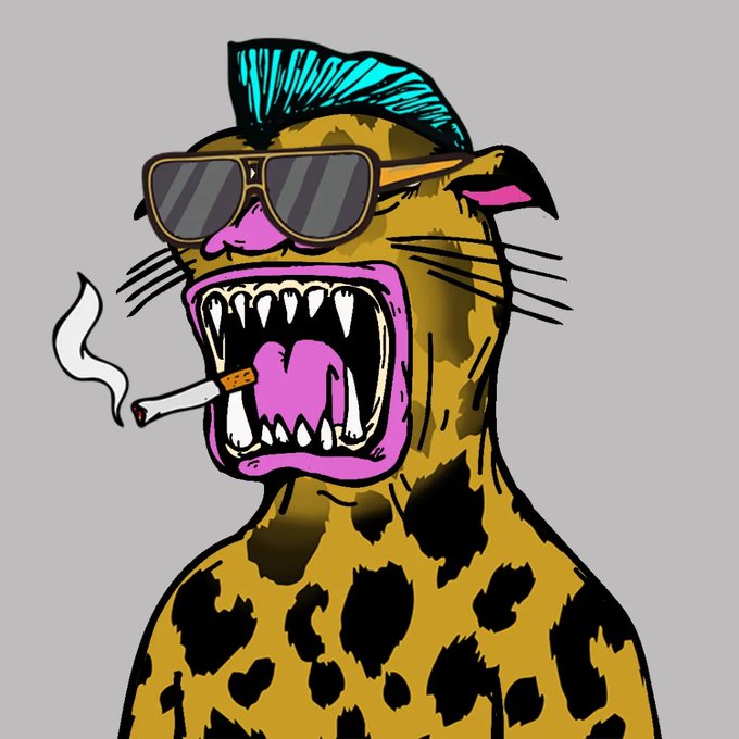 An illustration of a roaring leopard or jaguar wearing sunglasses and a blue mohawk, with a cigarette hanging from its mouth and pink coloring inside its mouth.