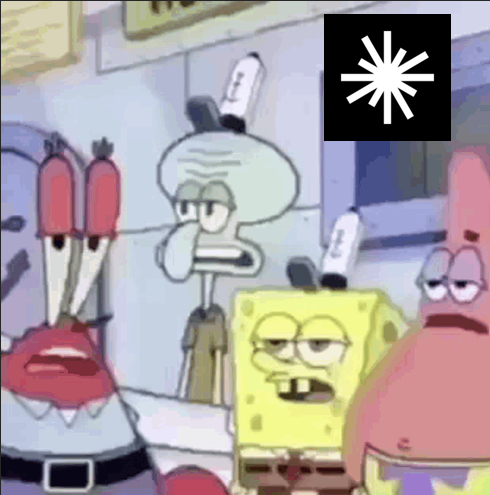 A still from SpongeBob SquarePants shows Squidward, SpongeBob, Patrick, and Mr. Krabs wearing grumpy, judgmental expressions with sailor hats, paired with a loading/spinner icon in the top corner. The image is used to humorously illustrate the post's message about long-time community members appearing skeptical or unimpressed while waiting for actual evidence of accusations made against the team.