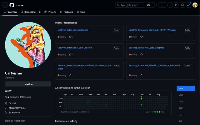 GitHub profile page for user "cismee" (Cartyisme) displaying their popular repositories, which include multiple SeaDrop Extension projects such as SeaDrop_Extension_Soulbound, SeaDrop_Extension_Manifold_ERC1155_Wrapper, SeaDrop_Extension_Cycle_Ordered, SeaDrop_Extension_Cycle_Weighted, SeaDrop_Extension_base64_Onchain_Metadata_w_PreReveal, and SeaDrop_Extension_SSTORE2_Onchain_w_PreReveal, each marked as Public with Solididy language and 1-2 stars. The page shows 32 contributions in the last year (with 2025 highlighted) and 0 followers, illustrating the developer's GitHub presence and on-chain NFT work referenced in the post.