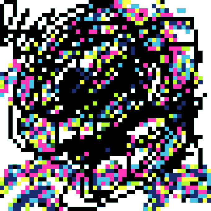 A chaotic, pixelated digital artwork featuring a dense cluster of black, magenta, cyan, green, and white square blocks arranged in a roughly square composition, evoking the appearance of glitchy, abstract digital scribbles being assembled into art. The image visually mirrors the post's description of "chaotic scribbles turned into straight-up masterpieces," reflecting the raw, fragmented energy of a generative digital NFT piece that the artist is promoting as a unique 1/1 following the closure of WONKLAB.