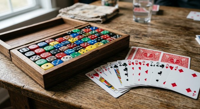 A wooden tray holds colorful dice next to a fanned-out hand of playing cards on a rustic wooden table, with a glass of water and patterned napkin nearby.