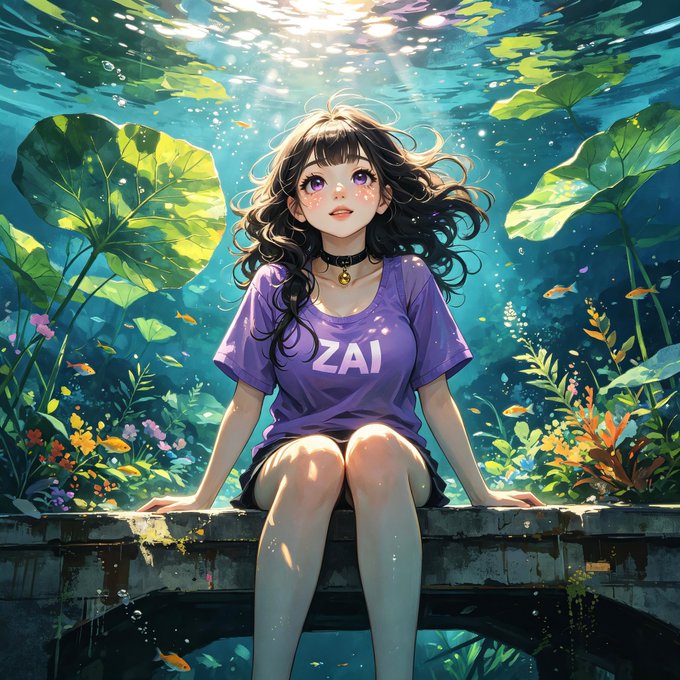 An anime-style girl with flowing dark hair sits on a stone ledge surrounded by an underwater scene of tropical fish, koi, and lush green leaves, wearing a purple t-shirt with "ZAI" printed on it. The serene, contemplative underwater setting mirrors the post's "lurking" mood—calm on the surface, but quietly observing and absorbing everything below.