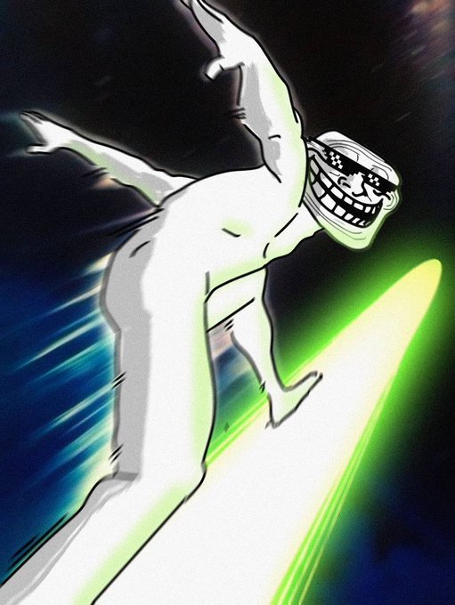 An illustration of a stylized character with a wide grin surfing on a glowing green surfboard against a dark, cosmic background.