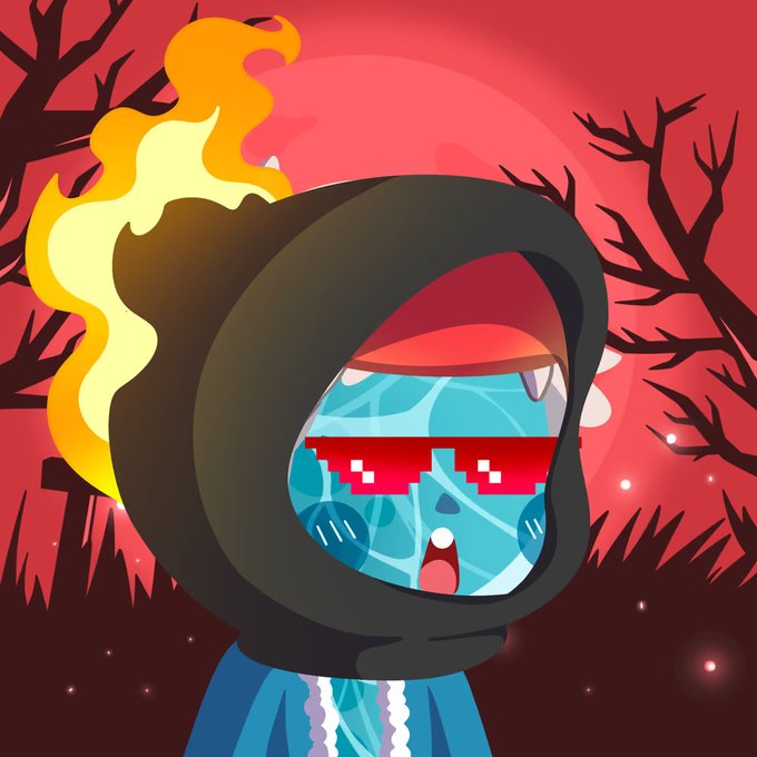 A digital illustration depicts a character in a black hoodie with a flame on one side of their head; inside the hood is a blue, pixelated creature with a red visor and fangs, set against a red moon background.