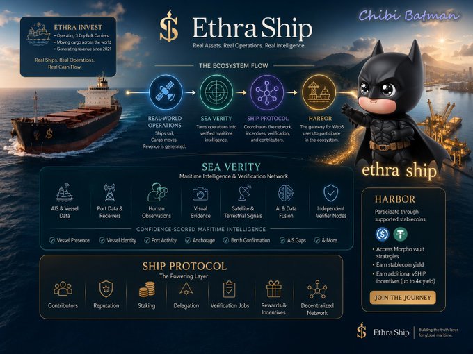 An infographic for 'Ethra Ship' detailing 'The Ecosystem Flow' with sections for Sea Verity, Ship Protocol, and Harbor, featuring an illustration of a 'Chibi Batman' character.