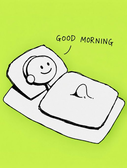 Cartoon illustration of a smiling pillow on a bed wishing 'GOOD MORNING' to a person still sleeping under the blanket.
