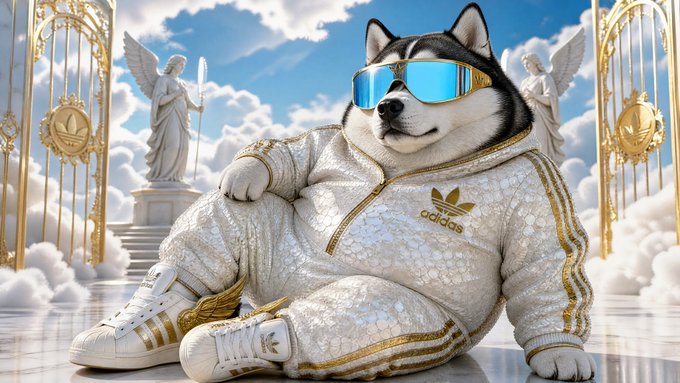 A husky dog wearing blue reflective sunglasses and a white and gold Adidas tracksuit, sitting in a heavenly setting with angel statues and clouds.