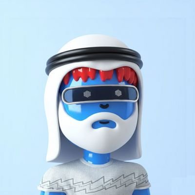 A 3D-rendered character with blue skin, white hair, and futuristic visor sunglasses sits against a soft blue background, combining the iconic Good Vibes Club smile aesthetic with traditional Saudi headwear to represent the @goodvibesclub x @TheSaudisNFT collaboration mentioned.