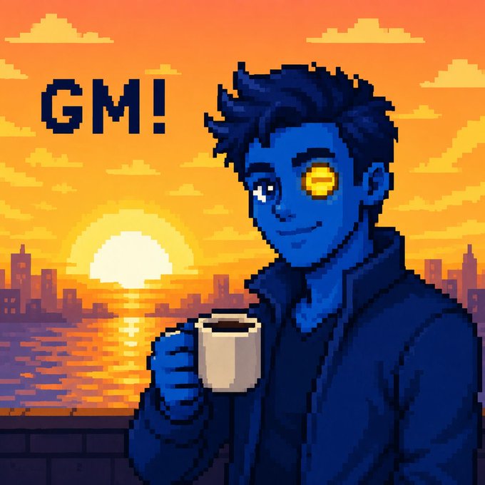 A pixel art illustration of a blue-skinned character with a glowing yellow eye holding a coffee mug, with 'GM!' displayed in the top left against an orange sunset cityscape.