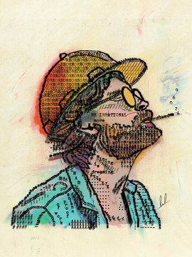 A mixed-media portrait of a bearded man wearing sunglasses and a colorful cap, smoking a cigarette, rendered with newspaper text collages and watercolor accents.