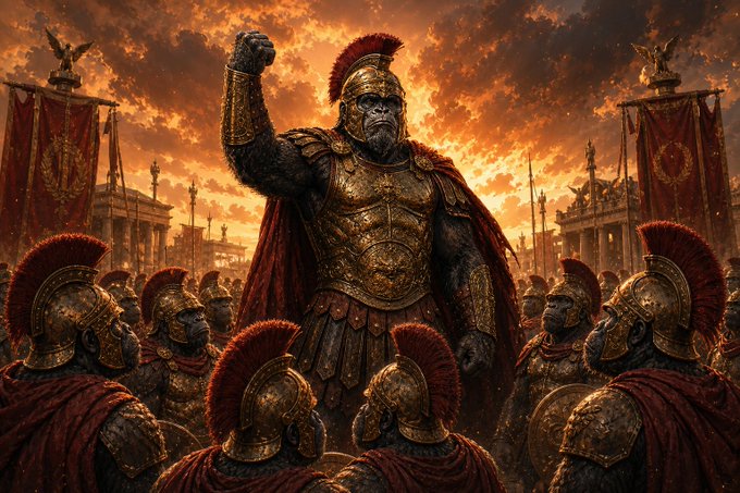 A cinematic illustration of an armored gorilla commander with a red plumed helmet standing before an army of Roman-style gorilla soldiers under a dramatic orange sky.