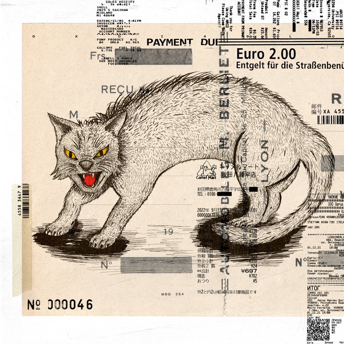 Mixed media collage artwork featuring a detailed black ink drawing of an angry, hissing cat overlaid on vintage Japanese receipts and payment slips, including text reading 'Euro 2.00' and 'LYON'.