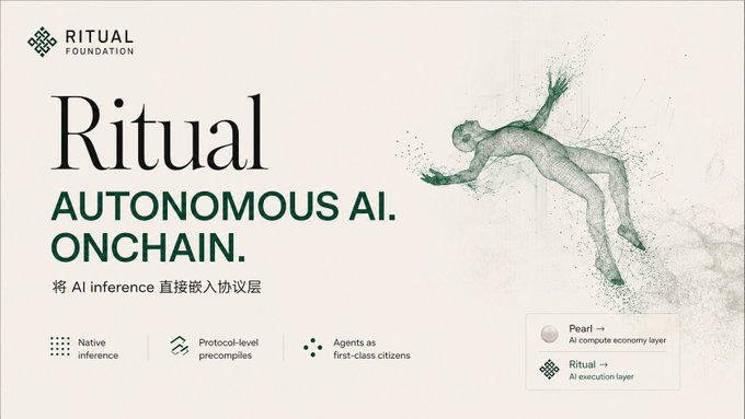 A promotional banner for 'Ritual Foundation' advertising 'Ritual - Autonomous AI. Onchain' with Chinese text, featuring an artistic image of a humanoid figure dissolving into particles, and tags for 'Native inference', 'Protocol-level precompiles', and 'Agents as first-class citizens'.