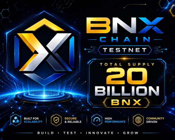 A promotional graphic for 'BNX CHAIN TESTNET' showing a total supply of 20 billion BNX tokens, with features listed as built for scalability, secure and reliable, high performance, and community driven.