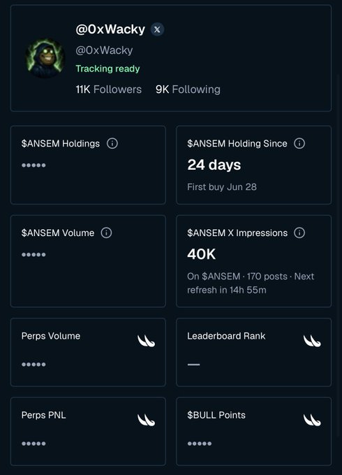 A crypto tracking dashboard for @0xWacky with 'Tracking ready' status, 11K followers, showing $ANSEM holdings for 24 days since first buy Jun 28, 40K X impressions, with locked metrics for Perps and Leaderboard.
