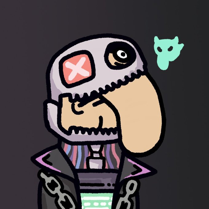 The image shows a cartoon character wearing a skull-like mask with a red "X" over one eye, accompanied by a small green ghost-like figure floating nearby. The post references OpenSea and the MansChads NFT collection, with the cartoon likely being a "Chad" character from that project, using the image to playfully demand that OpenSea unhide the collection to make sweeping easier.