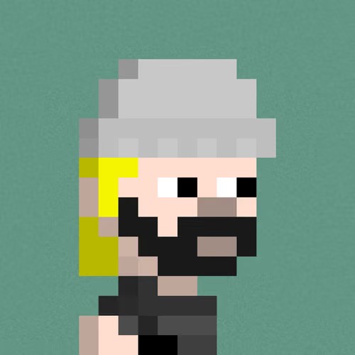 Pixel art portrait of a character with a white head covering, blonde hair, and a black beard against a green background.