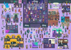 The image features a large map of a convention center with various booths set up for an event. The map displays different sections, each representing a specific booth or area within the convention center. There are numerous small figures scattered throughout the map, which represent people attending the event at these booths. The colors used in the image are predominantly purple and green, creating a visually appealing contrast against the white background of the map.