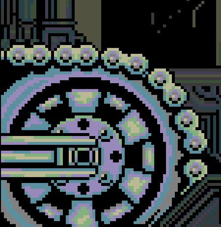A pixel art illustration of a purple tentacled creature attached to a mechanical device with a beaded cord.