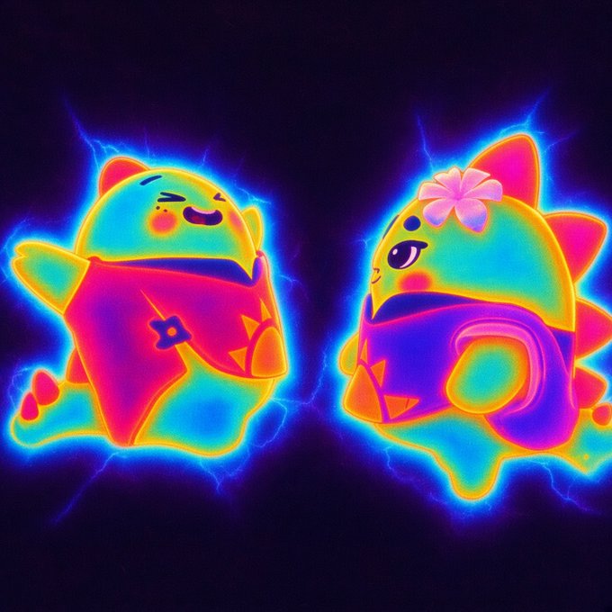 Two cute, cartoon-style dinosaur-like creatures with glowing neon outlines in pink, yellow, and blue are depicted against a dark background with electric blue sparks around them.