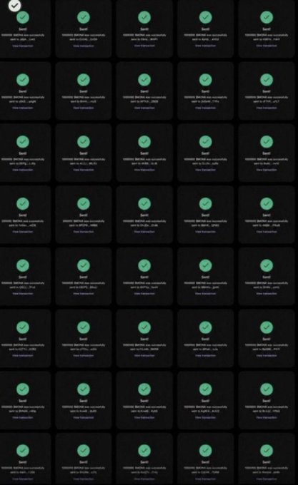 A grid of approximately 35 identical "Sent" confirmation receipts from various Solana ($SOL) wallets, each showing a successful transfer (e.g., to "@_tWN", "@OUyTY", "@JKwV") of roughly 0.10-0.11 SOL, likely used as misleading proof-of-payment to promote a fake "first 500 wallets" $104 SOL airdrop giveaway requiring users to follow @mohitmishr93531 and retweet.