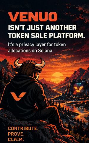 A promotional graphic for 'VENUO' featuring a horned figure looking out at a sunset landscape with the text 'ISN'T JUST ANOTHER TOKEN SALE PLATFORM. It's a privacy layer for token allocations on Solana.' and 'CONTRIBUTE. PROVE. CLAIM.'