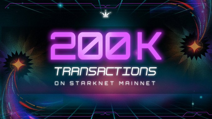 The image features a poster for a website called "200K Transactions" that promotes transactions on the Starknet mainnet. The poster has a futuristic design with neon colors and a space-like background. It includes text that reads "200K Transactions On Starknet Maintet", indicating the focus of the website, which is to facilitate transactions on the Starknet mainnet. The poster also features an image of a deckbuilder game, suggesting that the website offers gaming opportunities as well.