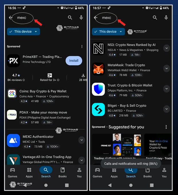 Two side-by-side screenshots of the Google Play Store search results for 'mexc', with red arrows pointing to the search bar, showing various crypto-related apps.