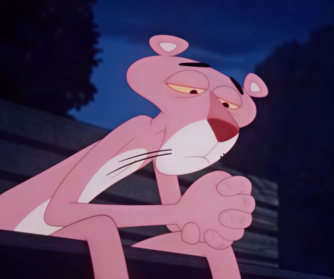 The image shows the iconic Pink Panther leaning on a railing with his head resting on his paws, gazing solemnly into the distance with a melancholic expression. It perfectly illustrates the post's relatable humor about silently processing financial loss, capturing that quiet, contemplative moment of male stoicism in the face of devastation.