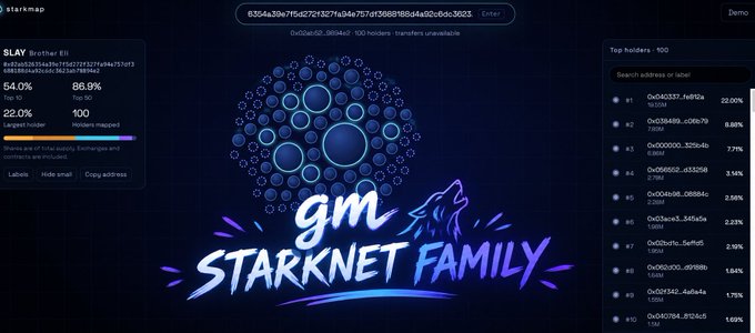 A dashboard interface for 'starkmap' displaying holder statistics and a circular visualization, overlaid with a stylized 'gm STARKNET FAMILY' graphic.