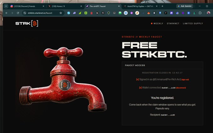 A screenshot of the STRK BTC faucet webpage advertising a 'FREE STRKBTC' weekly faucet, showing a red faucet image and a registration confirmation stating 'You're registered' with a deadline of 12:42:17.