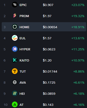 A cryptocurrency price list showing the top 10 gainers, led by EPIC ($0.907, +23.07%), PROM ($1.97, +19.32%), and HOME ($0.00654, +18.91%), all displayed in green.