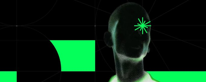 A dark, minimalist 3D render of a featureless humanoid figure with a glowing green loading spinner for one eye, set against a black background with green geometric shapes.