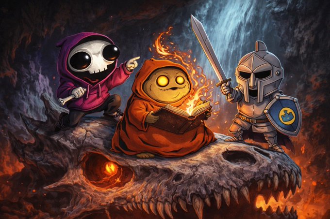 A fantasy artwork featuring three characters—a skeleton in a pink hoodie, a fiery figure reading a book, and a knight with a sword—sitting atop a giant flaming skull.