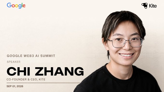 Promotional graphic for the Google Web3 AI Summit featuring speaker Chi Zhang, Co-Founder & CEO of Kite, scheduled for September 1, 2026.